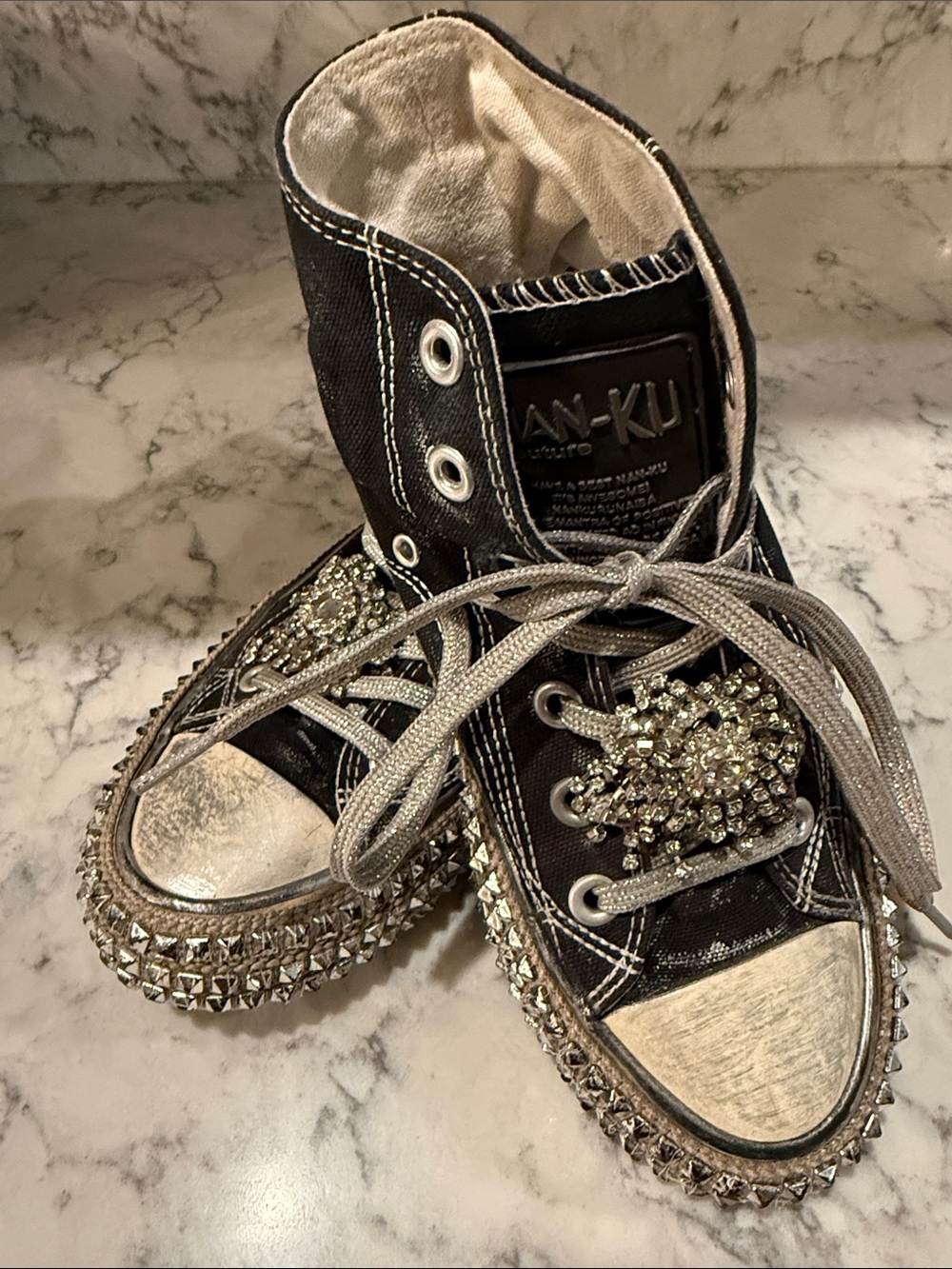 Black Embellished High-Top Sneakers with Crystal Stud Accents